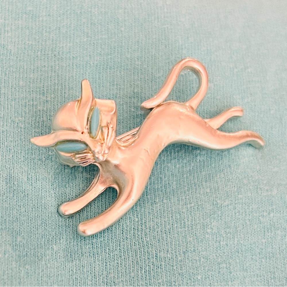 Vintage Turquoise Eye Silver Tone Cat Brooch Set - Picture 2 of 5